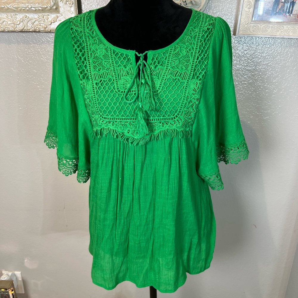 Valerie Stevens Bright Green Crochet Yoke Peasant Blouse